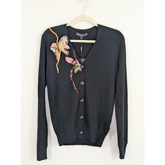 New Jessie Liu 100% Merino Wool Black Cardigan With Applique Chic Sz Small $295 - Picture 4 of 12